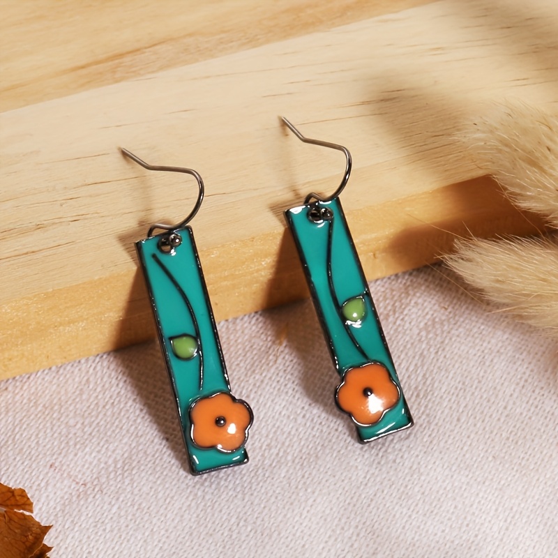 Floral Enamel Earrings Sky & Orange Dangle